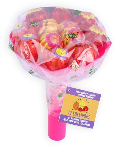 Flower Bouquet Lollipops 120g – 12 Lollis als Blumenstrauß mit Erdbeer-, Zitronen- & Orangengeschmack – Geschenk für Kindergeburtstag, Candy Bar & Mitgebsel – Straußfarbe zufällig (Pink, Grün, Lila)