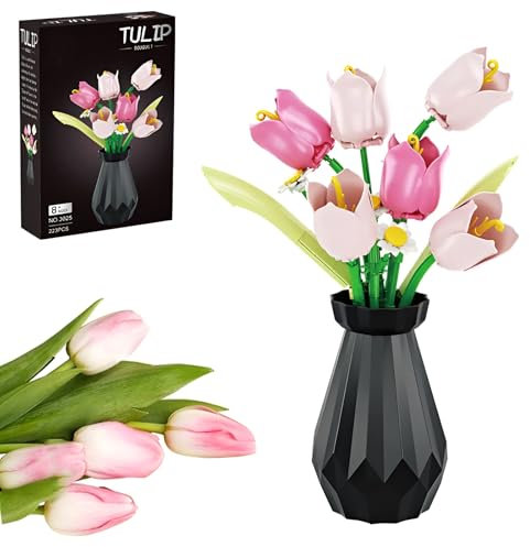 Tulpen Blumenstrauß Bausteine Baukasten mit Vase, 223Stück Künstliche Pflanze Floride Klemmbausteine, Botanische Sammlung Modell Spielzeug Dekor, Geburtstagsgeschenk für Mädchen Mutter Frauen Ehefrau