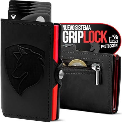 TMillions Cartera Tarjetero Hombre RFID con Sistema GripLock® Billetera Inteligente con Monedero Bloqueo Antirrobo NFC – Porta Tarjetas Automatico Pop-Up para 6 hasta 12 Tarjetas Credito y DNI