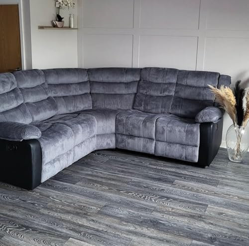 SQUAREBOXX Milano Manual Recliner Corner Sofa with High-Density Foam Cushions, 2-Stage Action, Drop Down Cup Holder. (Grey Jumbo Cord)
