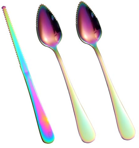 3uds Cucharas y Cuchillo Dentados para Pomelo, Utensilios Curvos Acero Inoxidable Servir Pomelo para Cítricos Limón Kiwi Melón Lima Pitahaya Herramienta Comer Fruta (Colorido)