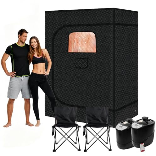 WaldWander Saunakiste, tragbare Dampfsauna für Zuhause, Saunazelt zur Entspannung, Entgiftung mit 3L 1500W Dampfgarer, Klappstuhl, Fernbedienung, Matte (2,95 * 4,43 * 5,91ft【2 Personen】