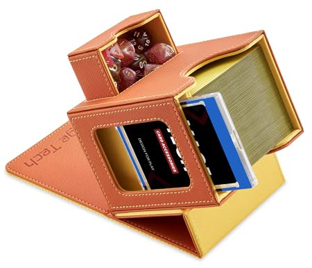 Mage Tech Card Deck Box for MTG Commander - Patented Design, Commander Display, Fits 100 Double-Sleeved Cards, 35pt Card Brick & Dice Tray - Orange/Yellow