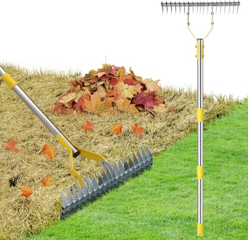 Thatch Rake,150 cm Lawn Thatching Rake for Cleaning Dead Grass, 17 Inch Wide Heavy Duty 19 Teeth Steel Metal Rakes, Landscaping Raking Garden Tools for Lawn Care Loosening Leveling Soil Mulch