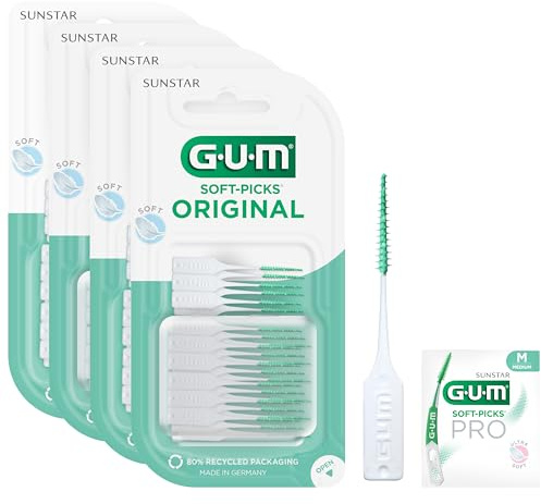 GUM SOFT-PICKS ORIGINAL Scovolini in gomma | Pulizia dei denti e rimozione della placca | Misura M | confezione 4x50 (con 1 campione omaggio)