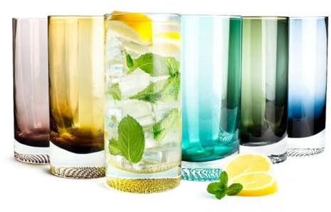 Sendez 6er Set bunte Longdrinkgläser 340 ml – farbige Trinkgläser für Wasser, Saft & Cocktails – robuste Wassergläser Saftgläser Cocktailgläser aus Glas Trinkgläser Grün Grau Blau Gelb Violett Orange