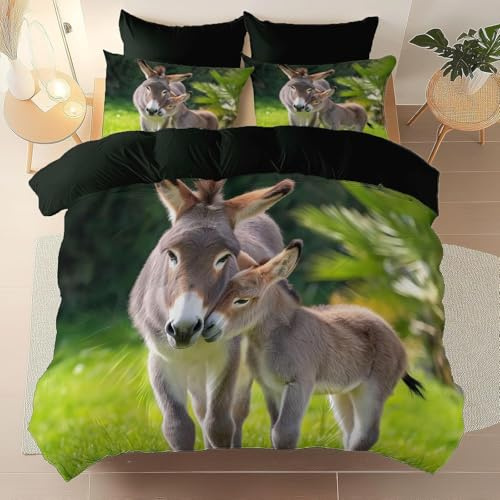 HATEGE Bettwäsche 135x200 Esel, 3D Wendebettwäsche Nutztiere Microfaser Bettwäsche Set für Kinder Bettbezug 2 Teilig mit 1 Kissenbezug 80x80 cm 5138-ABC