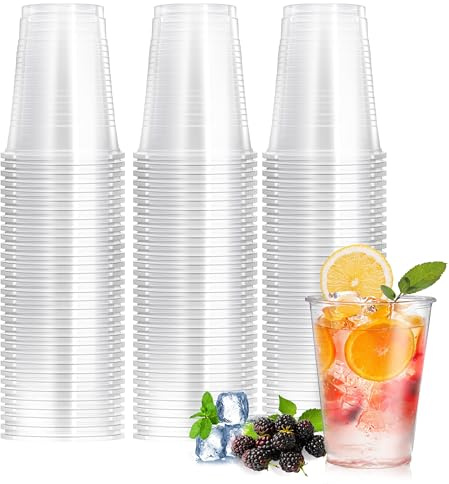 Ribeedas 12 oz Bulk 300 Clear Plastic Cups,Reusable Thick Plastic Cups,Suitable for Cold Drinks Such As Iced Coffee,Milk Tea,Cola,Orange Juice and Smoothies,for Gatherings,Picnics,Banquets