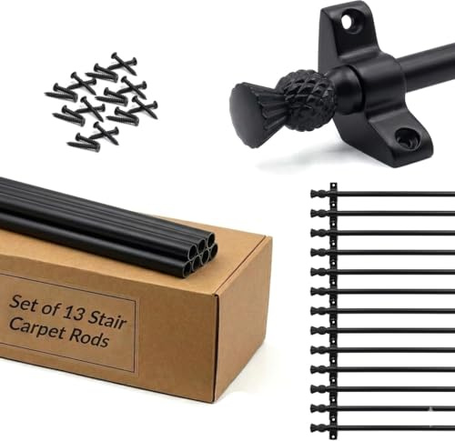 Set of 13 Stair Carpet Rods, 70cm Wrought Iron Stair Runner Rods with Thistle Finials, Heavy Duty Black Metal Stair Rods for Carpet Runners with Brackets & Fixings
