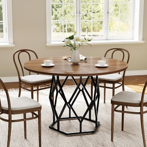 120 cm Table à Manger ronde en bois,Table de Cuisine 4 à 6 Personnes avec Pied central métal ajouré,Table ronde salle manger légère pour Petits espaces,Salle à manger,cuisine(120x120x76 Cm,Brun)
