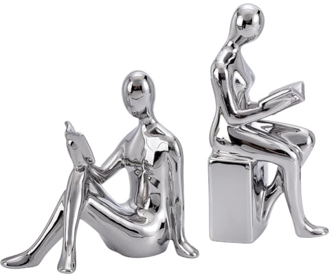 UNICRAFTALE 1 Ensemble de Serre Livres Décoratifs en Porcelaine Argentée Statues de Lecteurs Supports de Lecture Décorations d Affichage avec Autocollant pour Décoration de Bureau et Maison Esthétique