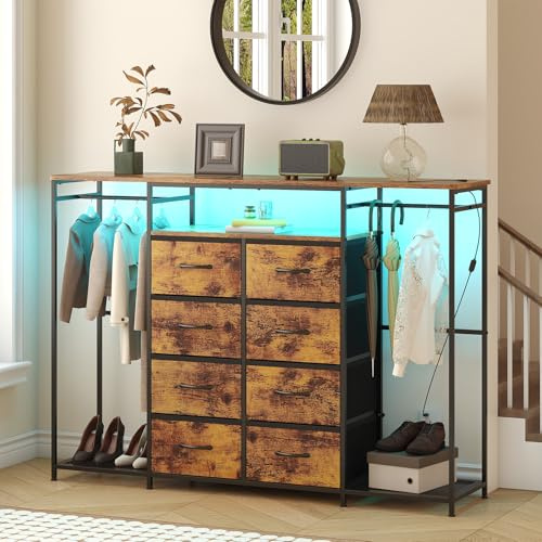 GoaHi 3-in-1 Chest of Drawers with Hanging Rack & LED Lights, 8 Fabric Drawer Dresser with Shoe Storage, Sturdy Metal Frame & Wooden Top, Heavy Duty Closet Wardrobe for Bedroom, Rustic Brown