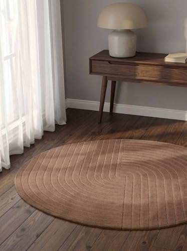 vikosa Arcura - Handgetufteter Wollteppich, Natur Wohnzimmerteppich Rund, Hoch-Tief-Effekt, moderner 3D-Effekt, weich mit geometrischen lineare Design für Wohnzimmer, Schlafzimmer - Beige, Ø120cm