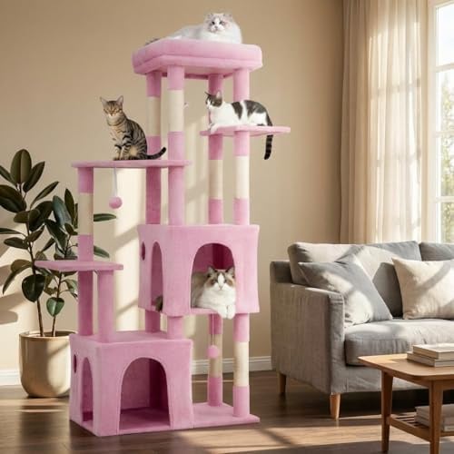 Katzenbaum 155 cm für Große Katzen – Kratzbaum mit Extra Großer Liegefläche, 2 Katzenhöhlen, Mehrstöckiger Kletterbaum für Maine Coon & Erwachsene Katzen, Sisal Kratzsäulen mit Spielzeug, Rosa