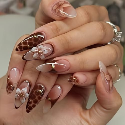 Marble Crack Press on Nails Medium Almond Fake Nails Designs 3D Hibiscus Flower False Nails Brown French with Small Gold Pearls Full Cover Glossy for Women Girls Daily Wear Manicure Decoration 24Pcs