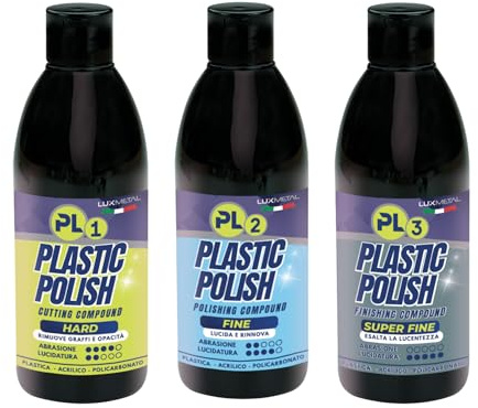 Lux Metal Kit Plastic Polish PL1 PL2 PL3 250 gr 3 pastas abrillantadoras para plástico acrílico policarbonato, elimina arañazos, opacidad, reaviva la transparencia y el brillo