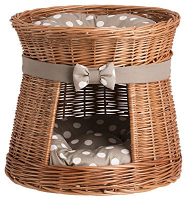 e-wicker24 Alles aus Weide Runde Katzenhütte in Naturfarbe Katzenkorb aus Weide Korb für die Katze mit Zwei Etagen Katzenlager mit Kissen Katzenturm