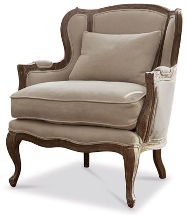 Loberon Sessel Kingswinford, französischer Landhaus-Stil, Handschnitzereien & Antik-Finish, inklusive Kissen, Sitzmöbel, Eichenholz, Leinen, Baumwolle, Creme