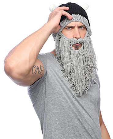 Maibar Strickmütze Herren Wikinger-Stil Kreativ Warm Winter Handgefertigt Kopfbedeckung Großer Bart Perücke Lustige Mütze Falscher Bart COS Play Party Dekoration Gesichtsmaske (Grau)