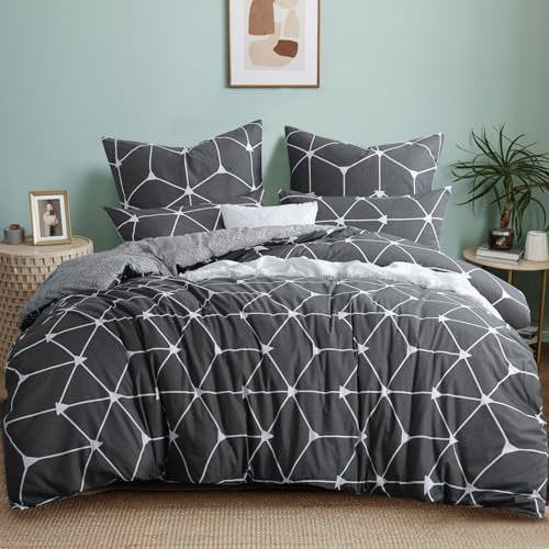 RUIKASI Bettwäsche 200x200 Baumwolle 3 teilig Anthrazit - Baumwollbettwäsche 200 x 200 mit Geometrie Muster, Bettbezug Set Cotton mit Reißverschluss
