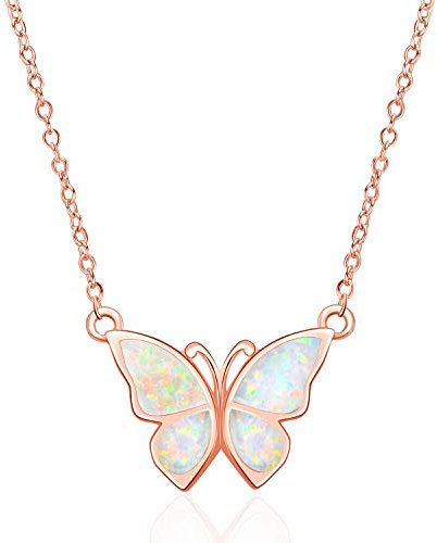 WINNICACA Collier en Argent Sterling avec Papillon Pendentif avec Opale pour Femme, Cadeau de Bijoux pour Femmes et Fille - Or Rose
