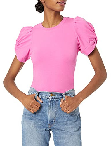 Amazon Essentials Maglietta Girocollo a Maniche Corte con Maniche a Sbuffo e Vestibilità Classica Donna, Rosa Brillante, L