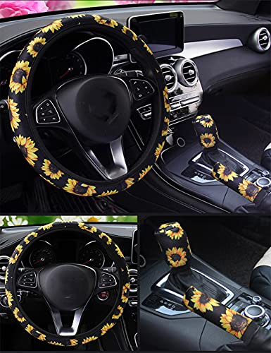 Bunte Blumen Stoff Lenkradabdeckung Lenkradbezug,Handbremse Schaltabdeckung Und Lenkradschoner,Universal Auto Lenkradhülle Teleskop Lenkrad Abdeckung Autozubehör für Damen 37-38cm,Schwarze Sonnenblume