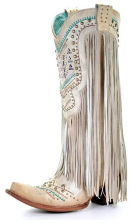 HKDFFC Stivali da uomo con tacco spesso con frange vintage, stivali da caviglia comodi da donna con fodera in pelle calda stivali da cowboy Tubo lungo e lunghi per esterni, bianco, 38 EU