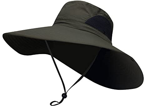 ANIMQUE Unisex Sonnenhut Super Breite Krempe Fischerhut Atmungsaktives Mesh Sommer Outdoor Sonnenschutzhut Verstellbarer Kinnriemen, Armee Grün B 55-59 cm