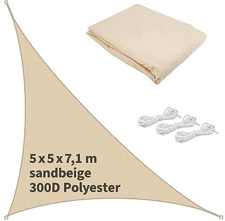TTL Garden 5x5x7,1m Sonnensegel Dreieck rechtwinklig Sand-beige - Premium Polyester 300D 160g/m² 93% Abschattung - Sonnenschutz & Wetterschutz für Garten, Balkon & Terrasse, mit 3X Schnur 1,5m