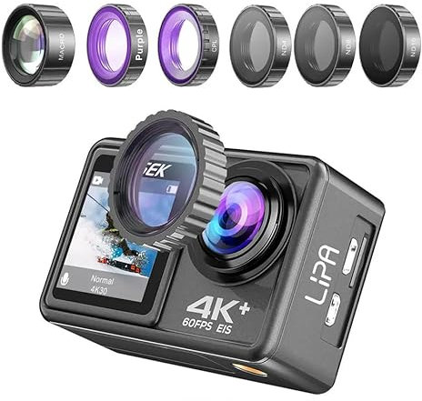 Lipa AT-S81ER 4K action camera IPS Wifi - Dual Screen - External mic connection - SD up to 256 GB - 5 lens filters - 4x optical zoom - Remote - IMX sensor -60 FPS - 20 MP - 21 mounts - waterproof