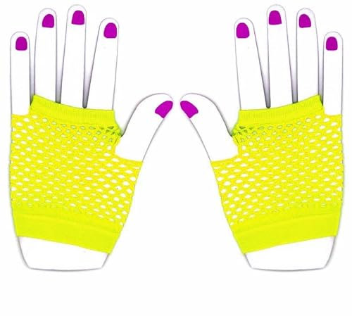 The Glowhouse 80er Jahre Neon Fischnetz Handschuhe Kurz und Lang Lebendige Farben, Kurzes Gelb, Einheitsgröße