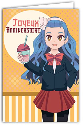AFIE Carte Joyeux Anniversaire - Enveloppe - Personnage Manga Bande Dessinée Japonaise Super Héroïne en Uniforme - Milk Shake Smoothie Glace pour Jeune Fille Ados - Fabriquée en France 67-1238