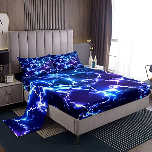 3D-Game-Flash-Spannbetttuch, vollständig, neonblau, Blitzschlag-Bettwäsche-Set, 4-teilig, für Kinder, Jungen, Teenager, Gamer, Raumdekoration, modisches glänzendes Bettlaken-Set, modernes Gaming,