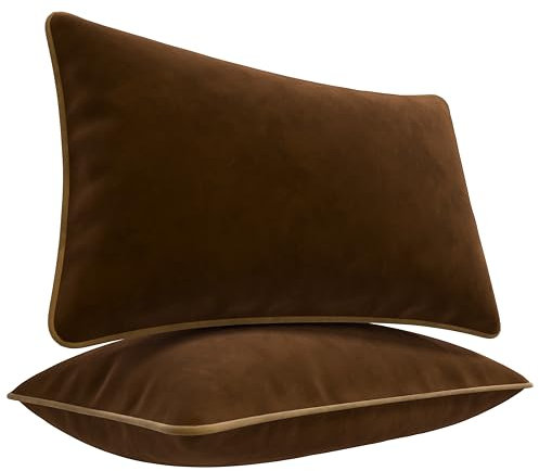 Blau Marité Kissenbezüge 30x50 cm – 2er Set aus weichem Samt – Dekokissen mit kontrastierendem Rand – Braun & Camel – Ohne Füllung