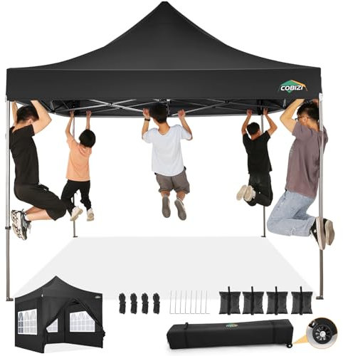 COBIZI pavillon 3x3 wasserdicht stabil Winterfest, faltpavillon Outdoor faltbar partyzelt，pop up pavillon klappbar gartenpavillon mit 4 Seitenteilen und Laufradtasche, Schwarz（420D Oxford-Plane）