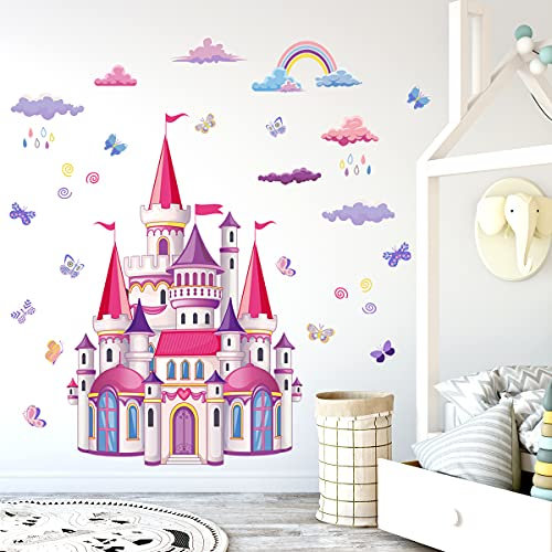 Wandtattoo Schloss Wandaufkleber Wolke Schmetterling für Mädchen Schlafzimmer Kinderzimmer Dekoration