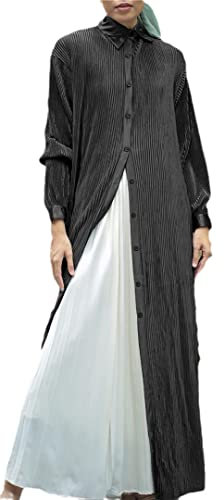 Muslimisches Frauen Hemdkleid Casual Plissee Einreihig Langes Kleid Open Abaya Türkei Herbst Islam, 01 black, Einheitsgröße