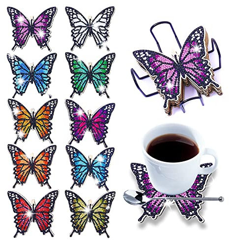 popyes Dessous de Verre Diamond Painting Kit de sous-Verres de Peinture Diamant Bricolage Papillon sous Tasse en Bois Anti-dérapant Tapis de Tasse avec Support pour Boissons et Coupes