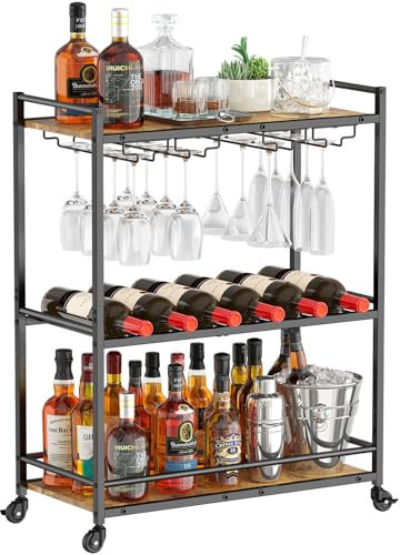 Lifewit Drink Trolley, 3 Tier Bar Cart with Lockable Wheels, Wine Rack and Glass Holders, Serving Cocktail Alcohol Trolley for Kitchen Dining Living Room, 63.2 x 30 x 81.5 cm, Rustic Brown