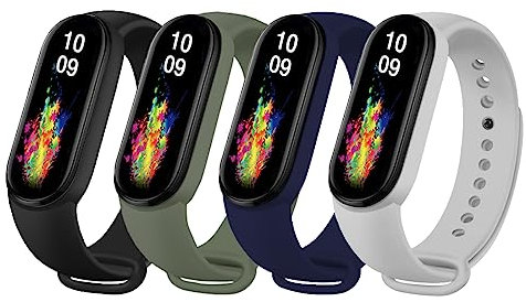 Msksjer 4 Stück Armband kompatibel mit Xiaomi Mi Band 7/Mi Band 6/Mi Band 5 /Amazfit Band 5 für Damen Herren, Weiches Silikon Sport Armbänder für Mi Band 5/6/7, Schwarz/Grau/Marineblau/ArmeeGrün