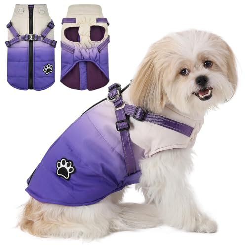Savlot Kaltes Wetter Winter Warme Jacke für Kleine Mittlere Hunde Hundejacke Hundemantel mit Geschirr Hundemantel Grosse Hunde Mit Reißverschluss(L, Lila)