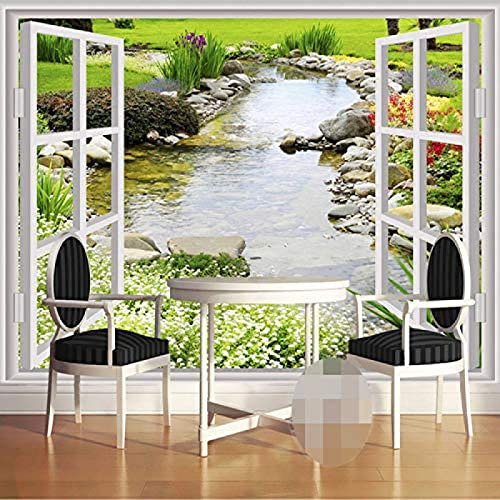 Wandtapete Moderne einfache 3D Fenster Garten kleine Fluss Blume Gras Fresko Wohnzimmer Schlafzimmer Fototapete Wanddekoration fototapete 3D Tapete effekt Vlies wandbild Schlafzimmer-200cm×140cm