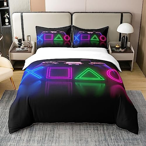 Gamer 100% Baumwolle Bettbezug 155x220 Gaming Flanell Bettwäsche Set Gamepad Tröster Cover Spiele Neon Quilt Cover für Kinder Jungen Teens Jugendliches Wohnzimmer Schlafzimmer Dekor,Schwarz Lila