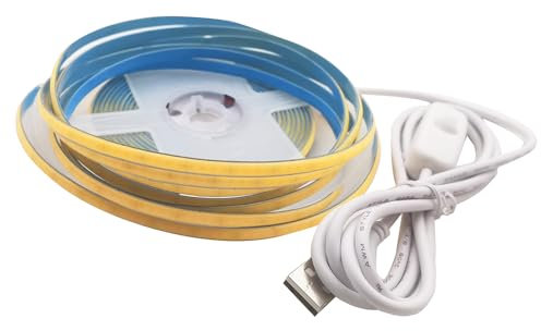 Vrabocry USB 5V LED Streifen Warmweiss 2M, 640LEDs ON/OFF COB 5MM PCB LED Strip Lights+3000K TV Hintergrundbeleuchtung,Flexibel Unterbodenleuchte für Küche,Schlafzimmer,Zuhause DIY