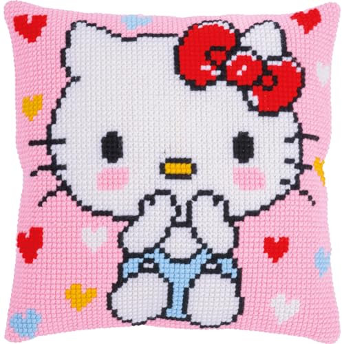 VERVACO Kreuzstich Stickpackungen Kissen Stickerei Set Anfänger Vorgedruckt Hello Kitty Kiss Kiss DIY Set Kreativ Set Für Erwachseneca. 40 x 40 cm Bastelset Handwerker Haus Dekoration