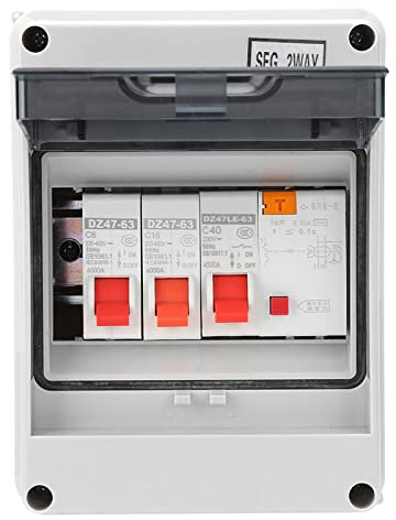 Ruiqas 2 Way Consumer Unit Circuit Breaker Panel Weatherproof Unit 40A 30mA RCD 2MCB 6A+16A Universal Protective Circuit Breaker for Garage Caravan Consumer Unit