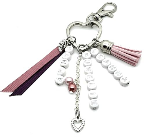 Porte clé personnalisé prénom perles lettres pompon et breloques (1 prénom)