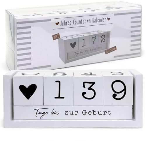 MIJOMA Jahres Countdown Kalender Würfel aus Holz - Dauer-Jahres-Tisch-Kalender - Vielseitiger Countdown bis 432 Tage für besondere Anlässe (Weiß)