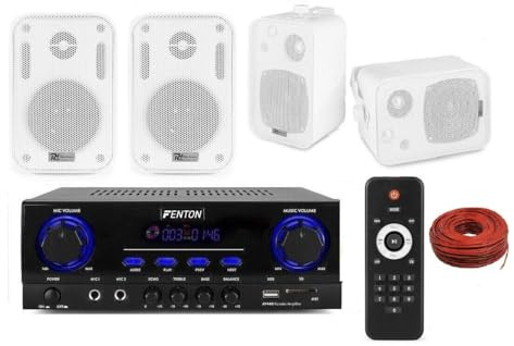 KIT AUDIO FILODIFFUSIONE PER LOCALI CON BLUETOOTH,SLOT USB, TELECOMANDO CON CASSE BIANCHE O NERE (4 CASSE BIANCHE)